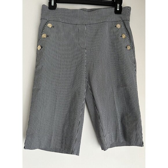 Liz Claiborne Women’s Size Small Black White Stripe Bermuda Shorts Gold Buttons - Picture 1 of 6